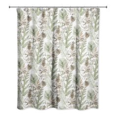 a shower curtain with an image of pine cones and leaves on the outside of it