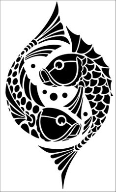 a black and white drawing of two fish in the shape of a circle on a white background