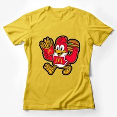 Fun Chicken Character T-Shirt, Fast Food Mascot with Burger and Fries, Colorful Cartoon Tee, Unisex Clothing Female T-Shirt Custom graphic T-Shirt.Customize your color Yellow Tops With Funny Print, Funny Yellow Tops With Funny Print, Funny Yellow Cotton Tops, Funny Yellow Short Sleeve Tops, Funny Yellow Top With Screen Print, Funny Yellow Screen Print Top, Yellow T-shirt With Funny Print, Yellow Funny Print T-shirt, Funny Yellow Crew Neck Top