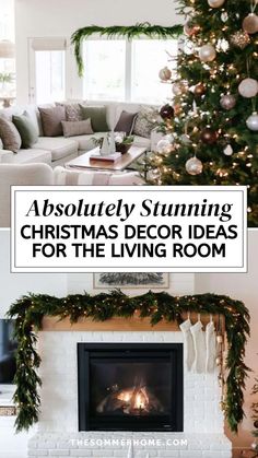 a living room decorated for christmas with the words absolutely stunning christmas decor ideas for the living room