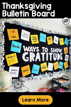 a bulletin board with post it notes on it and the words, thanksgiving bulletin board