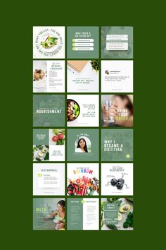 a green and white brochure with images of food items on the front, side and