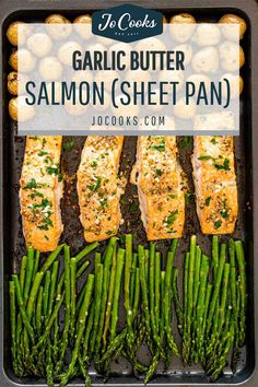 garlic butter salmon sheet pan with asparagus and potatoes in the background text reads garlic butter salmon sheet pan