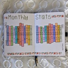 an open planner book with colorful numbers and lines on the pages that read,'month - by - date stays '