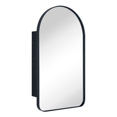 an oval mirror mounted to the side of a black metal wall mount cabinet with a white background