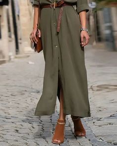 Lasaky - Long Sleeve Button Front Belted Shirt Dress Casual Green Shirt Dress With Buttons, Casual Button-up Maxi Dress With Pockets, Casual Button-up Maxi Dress With Button Closure, Casual Solid Maxi Dress With Button Closure, Casual Maxi Dress With Buttons For Daywear, Green Button-up Maxi Dress For Beach, Casual Maxi Dress With Button Closure For Fall, Casual Button-up Maxi Dress, Casual Fall Maxi Dress With Buttons