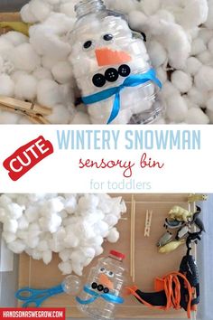 a snowman made out of plastic bottles and cotton balls with the words cute winter snowman on it