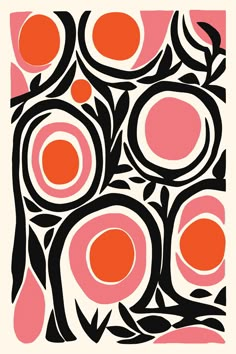 an orange and black abstract painting with circles on the bottom, in pinks and browns