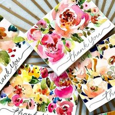 four thank cards with watercolor flowers on them