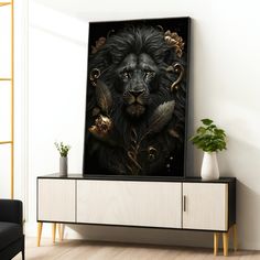 a black lion with feathers on it's head sitting in front of a white wall