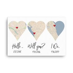 three heart shaped maps with the names of each location and their respective locations on them