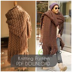 "Please note this is for the pattern only, not the finished article Knitted scarf inspired by Lenny Kravitz. Very warm giant stole in wool and alpaca, soft and welcoming. This template is in ENGLISH (US Standard Terms).  Measurements: Width: 44 cm (17\") Length : 230 cm (90,5\") without fringes, 280 cm (110\") with fringes In the PDF you will find the explanations and the diagram to create it quickly. The download is instantaneous, therefore the PDF pattern will be sent to your e-mail address as soon as the payment is cleared!! Please respect the copyright. Do not copy.  For any clarification or problem, do not hesitate to contact me. Have fun  The colors may differ slightly from reality due to the setting of your monitor." Infinity Scarfs, Super Scarf, Scarf Blanket, Blanket Scarves, Scarf Chunky, Hand Knit Shawl, Pompom Scarf, Chunky Knit Scarves, Chunky Scarves