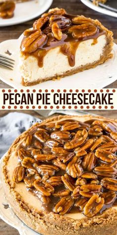 pecan pie cheesecake with chocolate sauce on top and pecans in the middle