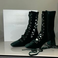 Stunning Green Velvet Boots With Side Zip, Perfect Condition With Box Retail Is $1095 Formal Suede Lace-up Boots With Reinforced Heel, Elegant Suede Lace-up Boots For Formal Occasions, Elegant Formal Suede Lace-up Boots, Formal Closed Toe Lace-up Winter Boots, Formal Closed Toe Lace-up Boots For Winter, Formal Winter Lace-up Boots With Closed Toe, Formal Lace-up Boots For Winter With Closed Toe, Elegant Closed Toe Lace-up Boots For Party, Luxury Lace-up Winter Boots