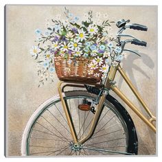 a painting of a bicycle with flowers in the basket on it's front wheel