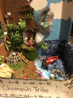 a close up of a fake garden with plants and animals on it's sides