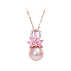 Adorned with a luminous pink-dyed freshwater cultured pearl, white diamond accents and pink sapphires, this Stella Grace 14k rose gold flower necklace is an eye-catching accessory you'll love. Adorned with a luminous pink-dyed freshwater cultured pearl, white diamond accents and pink sapphires, this Stella Grace 14k rose gold flower necklace is an eye-catching accessory you'll love.Click on this JEWELRY & WATCHES GUIDE to learn about fit, styles, materials and more! Clasp: spring-ring Nickel fre Exquisite Pink Gemstone Necklaces, Exquisite Pink Gemstone Necklace, Pink Pearl Pendant Jewelry For Wedding, Exquisite Pink Sapphire Jewelry, Exquisite Pink Pendant Necklace, Fine Jewelry Pink Flower Pendant Necklace, Pink Flower Pendant Necklace In Fine Jewelry Style, Pink Flower Pendant Necklace Fine Jewelry, Luxury Pink Necklace With Pearl Pendant