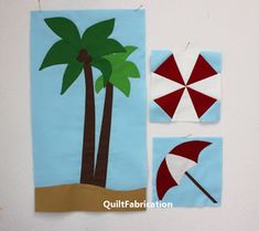 two pieces of paper with palm trees and umbrellas on them