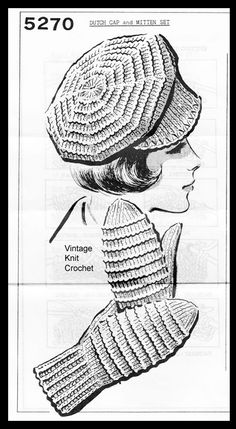 a woman wearing a knitted hat and scarf with the words vintage crochet on it