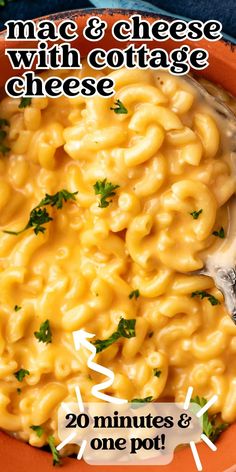 macaroni and cheese with cottage cheese in an orange bowl