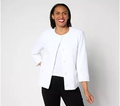 Dennis Basso Rachelle Knit Jacket with Sparkle Accent - QVC.com Elegant Crew Neck Spring Outerwear, Dennis Basso, Watch It, Knit Jacket, Length Sleeve, Sparkle, Wardrobe, Knitting, Quick Saves