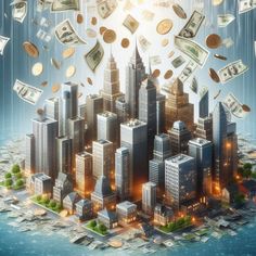 a city with lots of money falling from the sky