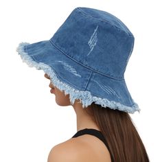 Distressed Frayed Solid Denim Knit Material: 100% Cotton Care Instructions: Hand Wash Dark Wash Denim Summer Hat, Summer Denim Hat In Dark Wash, Dark Wash Denim Hat For Summer, Summer Dark Wash Denim Hats, Spring Denim Blue Hat, Casual Hats For Spring, Casual Denim Beach Hat, Trendy Wide Brim Denim Hat, Summer Denim Hat In Medium Wash