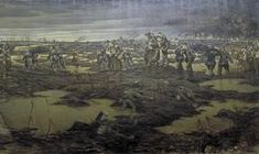 an old painting of people standing in the mud