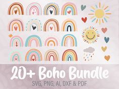 the 20 + boho bundle includes rainbows and hearts