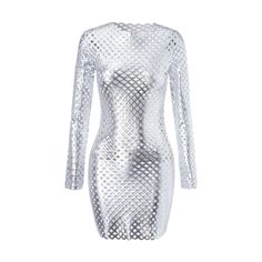 Achieve modern sophistication with this captivating bodycon dress. Characterized by its metallic silver shade and intricate hollow out detailing, it offers the perfect blend of contemporary style and luxury. Perfect for all occasions, the long sleeve mini dress will ensure you stand out from the crowd. Fit Type: Slim Fit Fabric: Medium Stretch Material: Polyester, Elastane Halter Bodycon Dress, Mesh Bodycon Dress, Sleeveless Turtleneck, Ribbed Dresses, Silver Dress, Bodycon Midi, Fabric Medium, Long Sleeve Mini, Solid Dress