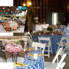 tables and chairs are set up for an outdoor event with blue and white checkered tablecloths