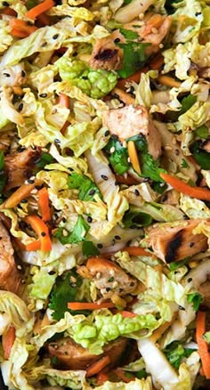 a salad with chicken, carrots, lettuce and other veggies