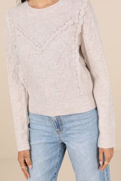 Your winter looks are sure to be the cutest yet when you've got the Lulus Sweetest Warmth Heather Taupe Cable Knit Lace Trim Sweater! Soft and stretchy knit, with subtle heathered design and a cable-knit texture, shapes long sleeves and a crew neckline. Bodice boasts vintage-inspired crochet lace across the front, with ribbed knit at the neckline, cuffs, and hem. Fit: This garment fits true to size. Length: Size medium measures 20.5" from shoulder to hem. Bust: Great for any cup size. Waist: Not Fitted - comfortable room throughout midsection. Undergarments: May be worn with any standard bra. Fabric: Fabric is very stretchy. Unlined. 70% Acrylic, 27% Nylon, 3% Spandex. Exclusive Of Decoration. Hand Wash Cold. Do Not Bleach. Hang Dry. Iron Low Heat. Imported. Lulus | Sweetest Warmth Heather Beige Pointelle Knit Tops For Winter, Cream Pointelle Knit Top For Winter, Winter Cream Pointelle Knit Top, Cozy Winter Pointelle Knit Top, Cozy Pointelle Knit Winter Top, Knit Lace Sweater, Lace Trim Sweater, Knit Texture, Knit Lace