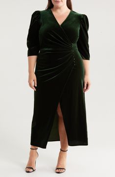 Chelsea28 Velvet Faux Wrap Midi Cocktail Dress | Nordstrom Cocktail Dress Nordstrom, Leg Of Mutton Sleeve, Midi Cocktail Dress, Holiday Dinner, Nordstrom Dresses, Holiday Dresses, Wrap Style, Three Quarter, Plus Size Dresses