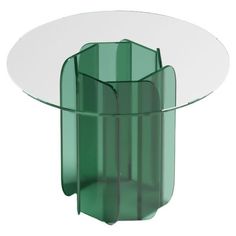 a round glass table with an unusual design on it's top and bottom section