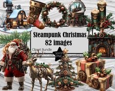 steampunk christmas clipart set for digital collages and embellishments