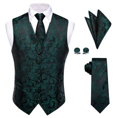 Sleeveless Wedding Waistcoat Paisley Dark Green Vest Tie Set Elegant Formal Vest With Ties, Elegant Green Formal Vest, Classic Formal Vest With Ties, Elegant Green Vest For Formal Occasions, Classic Green Formal Vest, Elegant Fitted Green Vest, Fitted Sleeveless Vest With Ties, Green Sleeveless Formal Vest, Tuxedo Wedding Party