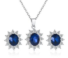 three pieces of jewelry set with blue stones and white diamonds on the bottom, including an oval