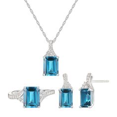 Representing eternal friendship or romance, this set features matching emerald-cut blue topaz earrings, pendant and ring in sterling silver. With lab-created white sapphire accents, each piece gleams worn alone but truly bursts to life worn together. Made to share with someone most special, this set takes gifting the extra mile, self-gifting included. | Emerald-Cut Blue Topaz Earrings, Pendant Necklace and Ring Set | White | Size 8 | Helzberg Diamonds Emerald Cut Sapphire Jewelry In Sterling Silver, Fine Jewelry Sterling Silver Baguette Cut, Blue Topaz Rectangular Stone Jewelry For Anniversary, Emerald Cut Blue Topaz Jewelry With Gemstone Accents, Topaz Jewelry With Baguette Cut Gemstone, Emerald Cut Topaz Gemstone Jewelry, Baguette Cut Topaz Gemstone Jewelry, Baguette Cut Sapphire Sterling Silver Jewelry, Anniversary Blue Topaz Baguette Cut Jewelry