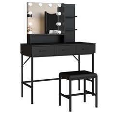 a black vanity with mirror, stool and lights