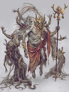 an image of a demon with two other creatures in it's arms and one holding a staff