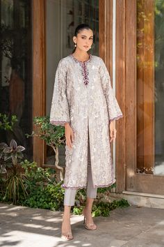 Bini Elegant Sherwani With Floral Embroidery, Elegant Silk Nehru Jacket With Chikankari Embroidery, Elegant Outerwear With Chikankari Embroidery For Eid, Elegant Chikankari Embroidery Outerwear For Eid, Elegant Silk Nehru Jacket With Floral Embroidery, Elegant Silk Outerwear With Zari Work, Elegant Silk Bandhgala With Chikankari Embroidery, Elegant Front-open Kurta With Zari Work, Elegant Front Open Kurta With Zari Work