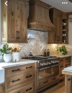 a kitchen with wooden cabinets and marble counter tops