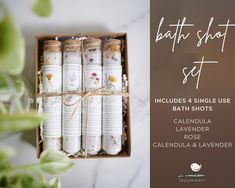 Give the gift of self care! The perfect gift for friends, family, teachers, neighbors or yourself! Pour the contents of a bath shot into a warm bath, and have a relaxing night of pampering. IDEAS Gift the whole set or divide them up and use as stocking stuffers or part of a gift. This is a great idea if you have multiple teachers, friends or neighbors to gift to. INCLUDED 4 bath shots in elegant glass tubes with cork stoppers. Inside each tube is a blend of pure, high grade Epsom Salt and dried organic flowers: * Calendula * Lavender * Rose * Lavender/Calendula Mix DETAILS * Small, mom-owned business in Kent, OH. All products and labels are handmade and created by the owner, therefore, no two items will ever be exactly alike. * This is a physical product and contains 4 single use products. Minimalist Self Care, Bath Shots, Pampering Ideas, Rose Minimalist, Organic Flowers, Relaxing Night, Rose Lavender, Bath Bomb Recipes, Glass Packaging