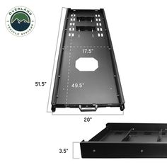 the back side of a black metal tray with measurements for it and an image of the bottom