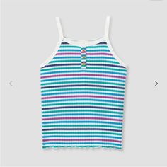 Girls Ribbed Tank Top With Stripes And Buttons Casual Purple Ribbed Top, Playful Blue Tank Top For Spring, Playful Fitted Purple Tops, Purple Ribbed Tops For Summer, Purple Ribbed Summer Tops, Spring Ribbed Multicolor Tops, Summer Ribbed Purple Tops, Summer Purple Ribbed Tops, Playful Fitted Blue Tops