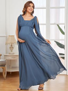 If you want to feel comfortable and beautiful then this maternity dress is for you. This stunning and glamorous maternity dress features an A-line silhouette, floor-length, a deep V-neck, and frenulum knotting on shoulders. Fit: Please refer to Size Chart. Closure: It is Concealed a Zipper Up The Back. Undergarments: It is Not Padded, with No Lining. Fabric: The garment comprises Polyester. Stretch: Fabric is No Stretch. Fitted Summer Maternity Dress With Empire Waist, Fitted Empire Waist Maternity Dress For Summer, Fitted Empire Waist Maternity Dress For Spring, Summer Empire Waist Fitted Maternity Dress, Summer Solid Color Maternity Dresses, Summer V-neck Maternity Dress For Party, Summer Party Maternity Dress With V-neck, V-neck Maternity Dress For Spring Party, Spring Maternity Solid Maxi Dress