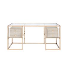 a white desk with two drawers and gold trimmings on the bottom, against a white background