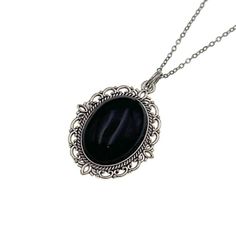 Gothic Black Oval Jewelry, Black Oval Gothic Jewelry, Elegant Black Locket Jewelry, Black Enamel Oval Necklace As Gift, Black Enamel Oval Necklace For Gift, Gothic Silver Oval Necklace, Formal Black Locket Jewelry, Formal Black Locket Necklace, Silver Onyx Oval Necklace