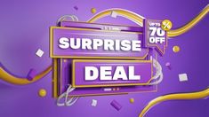 purple and gold sale sign with the words surprise deal on it, surrounded by confetti